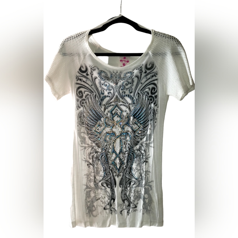 Petrol Tee Shirt with Rhinestone embellishments and mesh sleeves